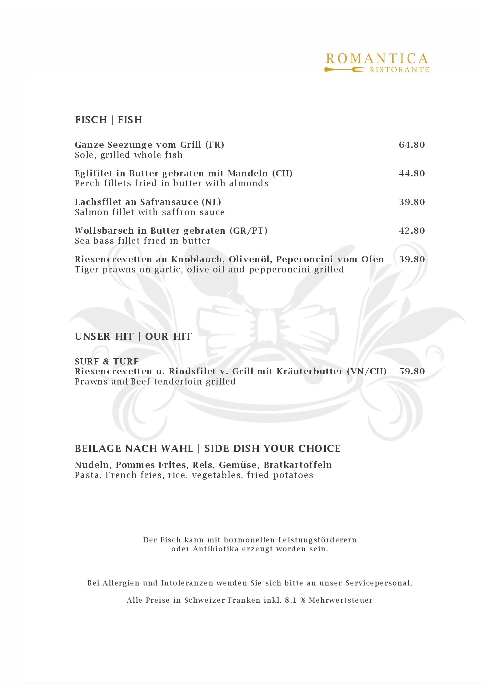 Speisekarte Ristorante Romantica in Rumlang, Seite 1