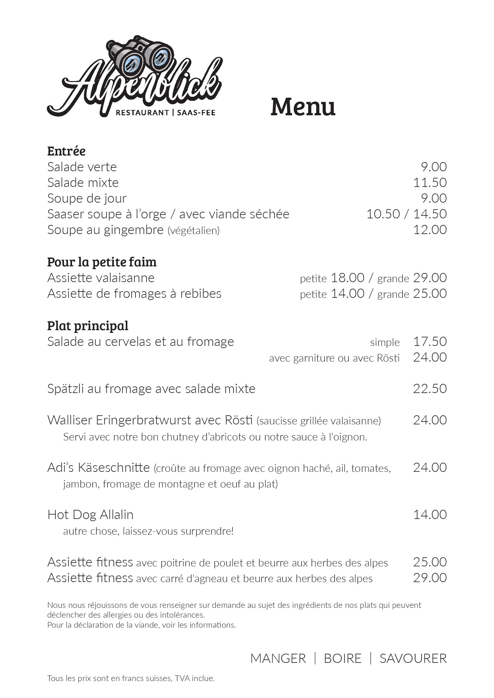 Speisekarte Restaurant Alpenblick in Saas-Fee, Seite 8