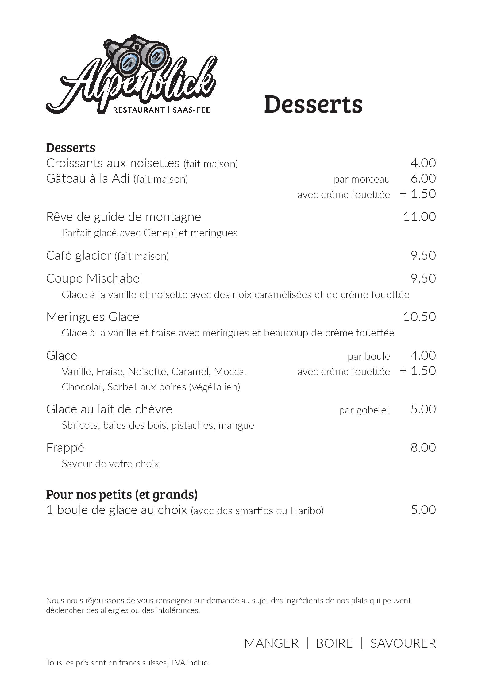 Speisekarte Restaurant Alpenblick in Saas-Fee, Seite 12