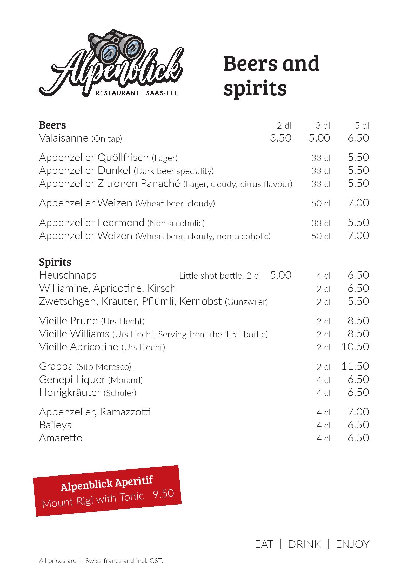 Speisekarte Restaurant Alpenblick in Saas-Fee, Seite 20