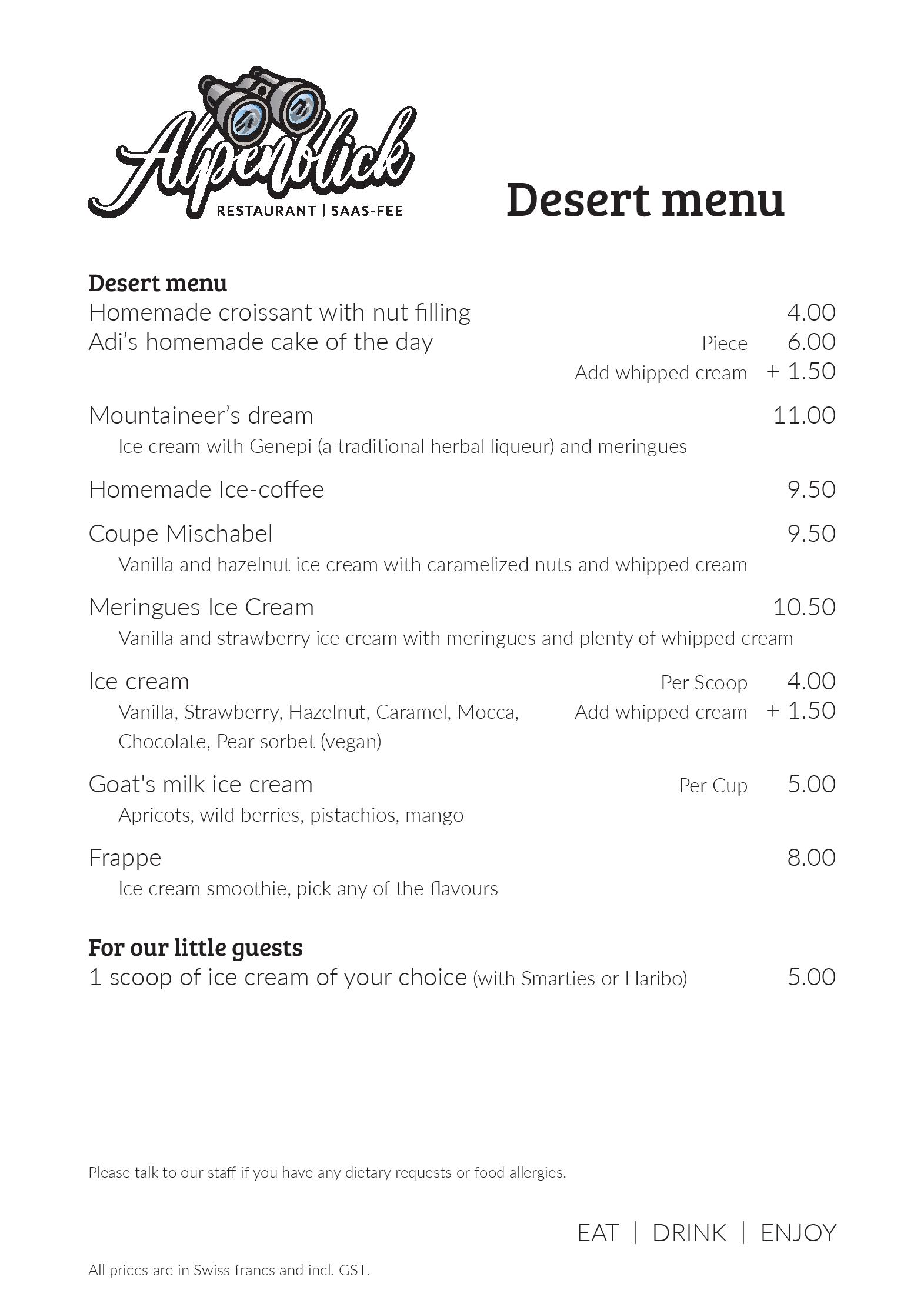 Speisekarte Restaurant Alpenblick in Saas-Fee, Seite 21