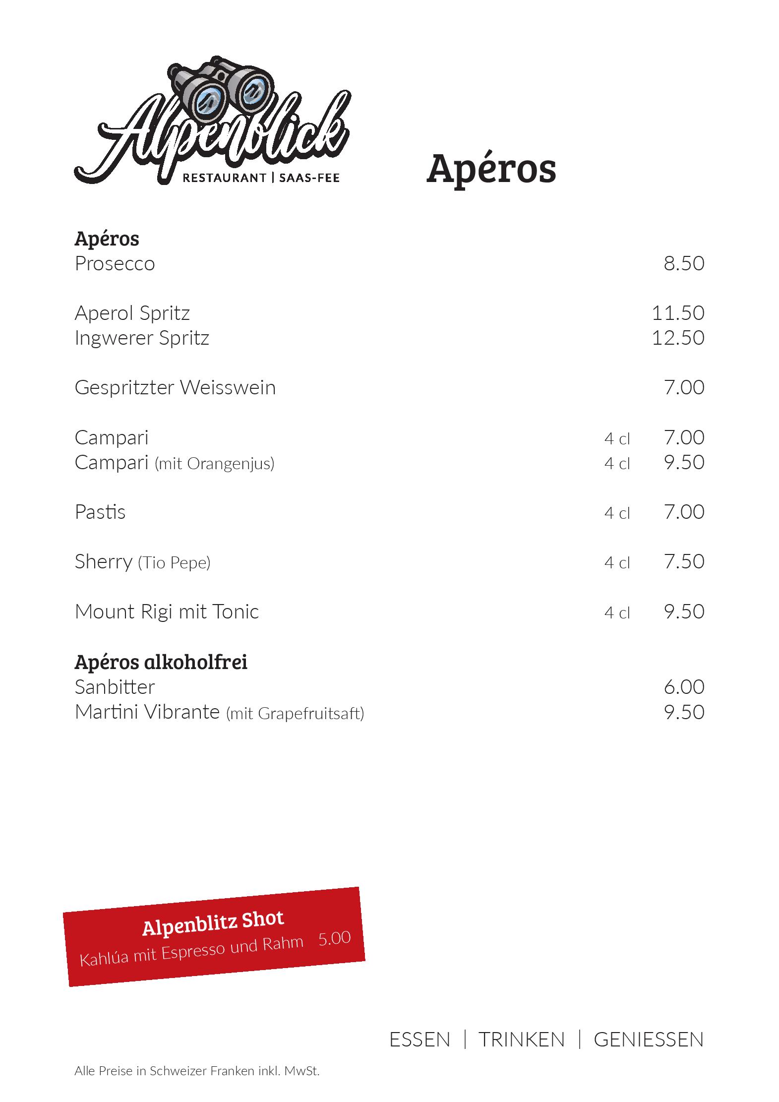 Speisekarte Restaurant Alpenblick in Saas-Fee, Seite 2