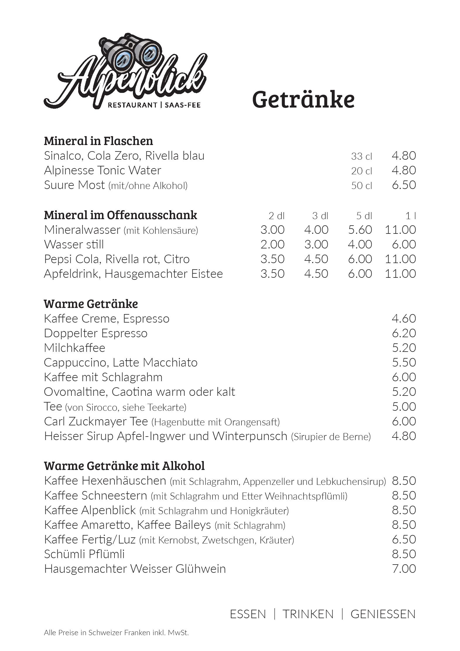 Speisekarte Restaurant Alpenblick in Saas-Fee, Seite 30