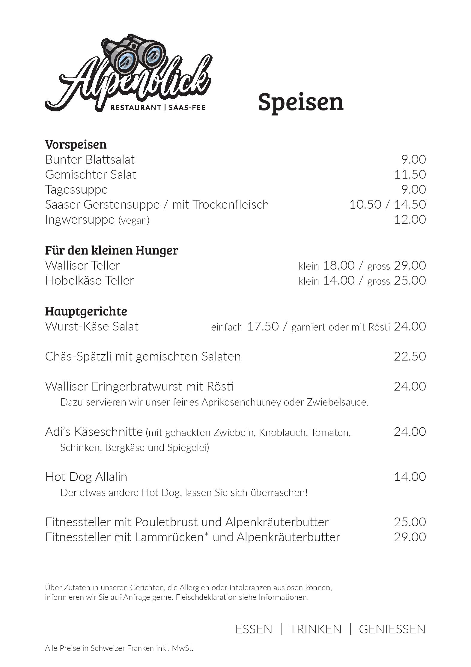 Speisekarte Restaurant Alpenblick in Saas-Fee, Seite 24