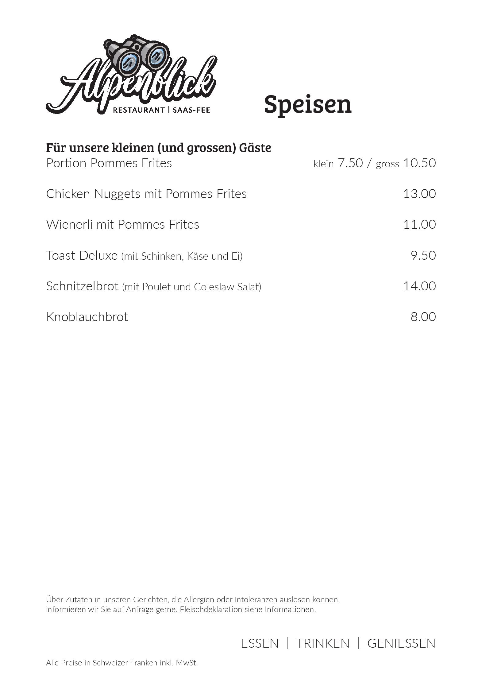 Speisekarte Restaurant Alpenblick in Saas-Fee, Seite 23