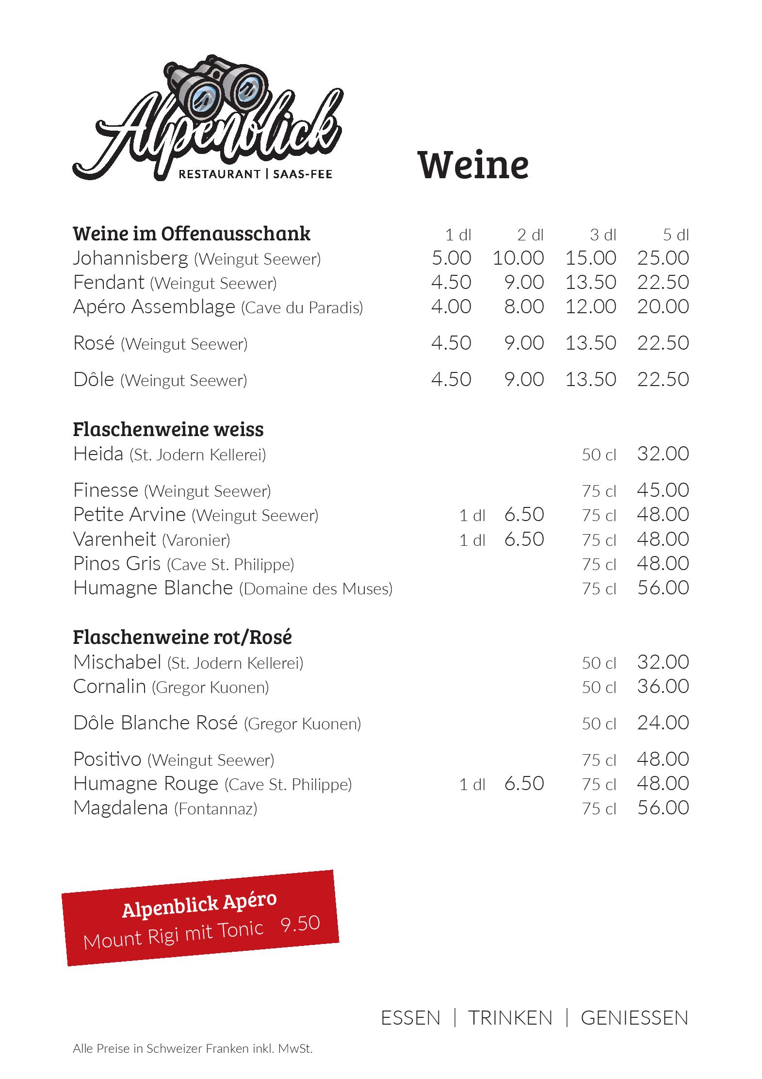 Speisekarte Restaurant Alpenblick in Saas-Fee, Seite 29