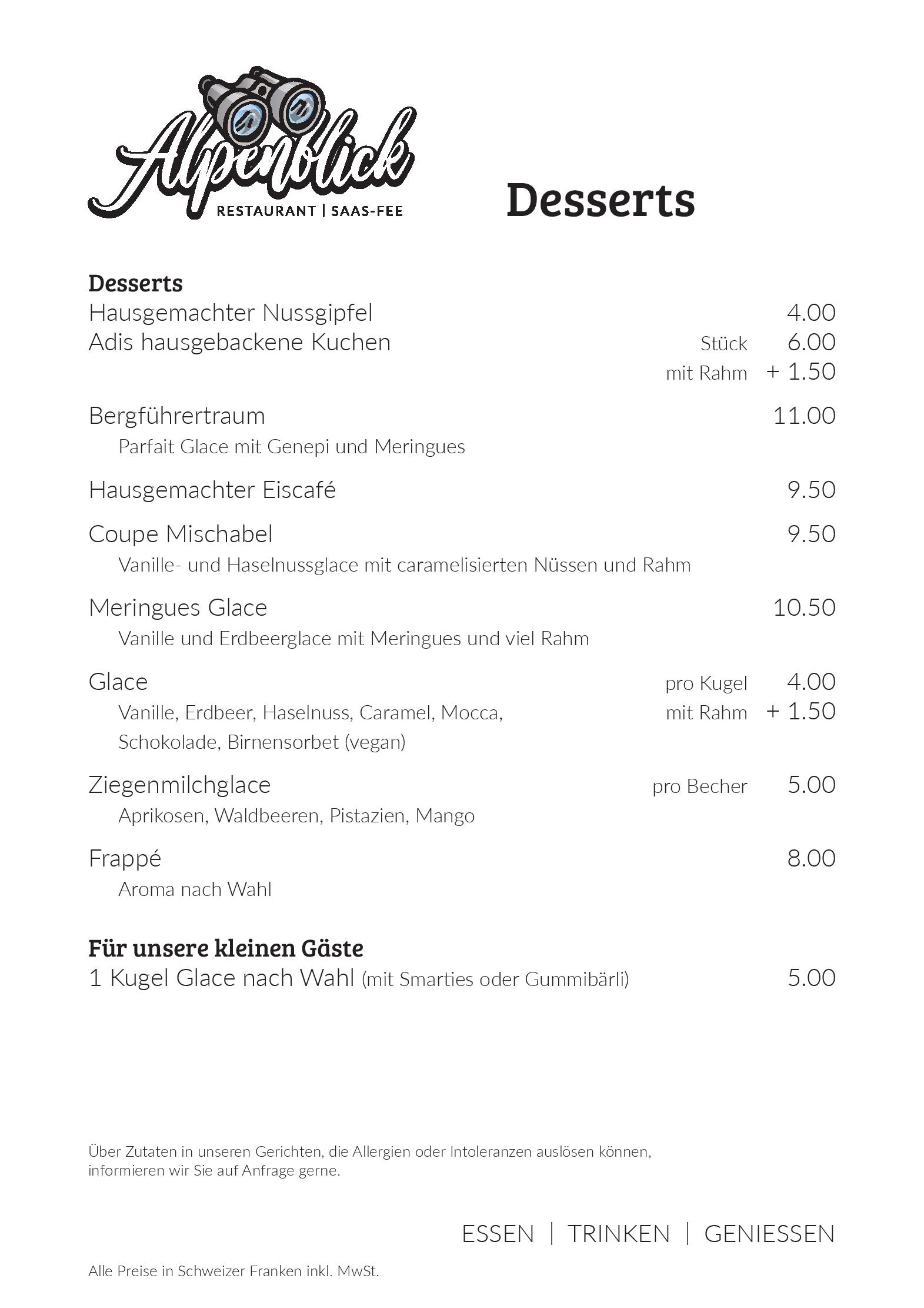 Speisekarte Restaurant Alpenblick in Saas-Fee, Seite 27