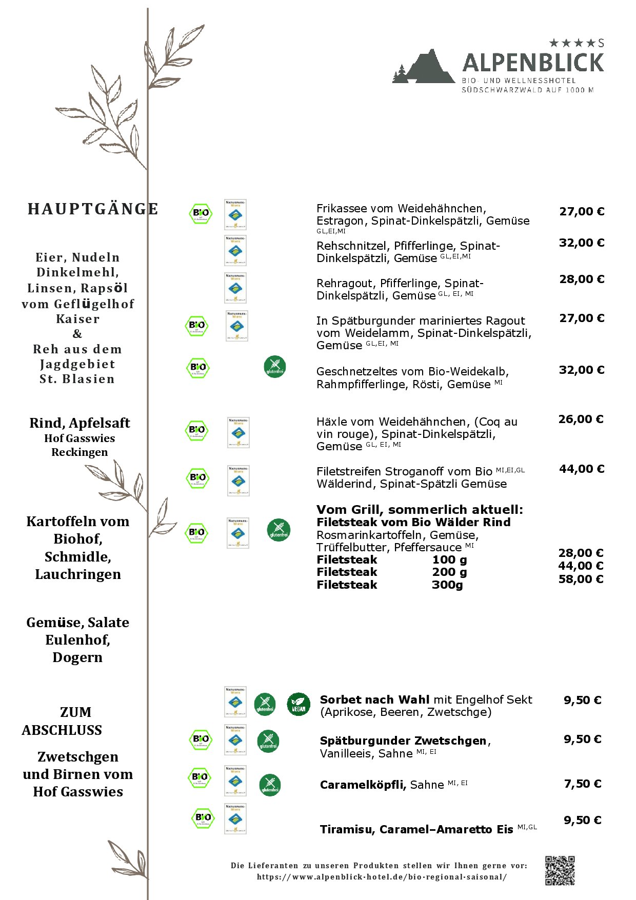 Speisekarte Alpenblick in Höchenschwand, Seite 2